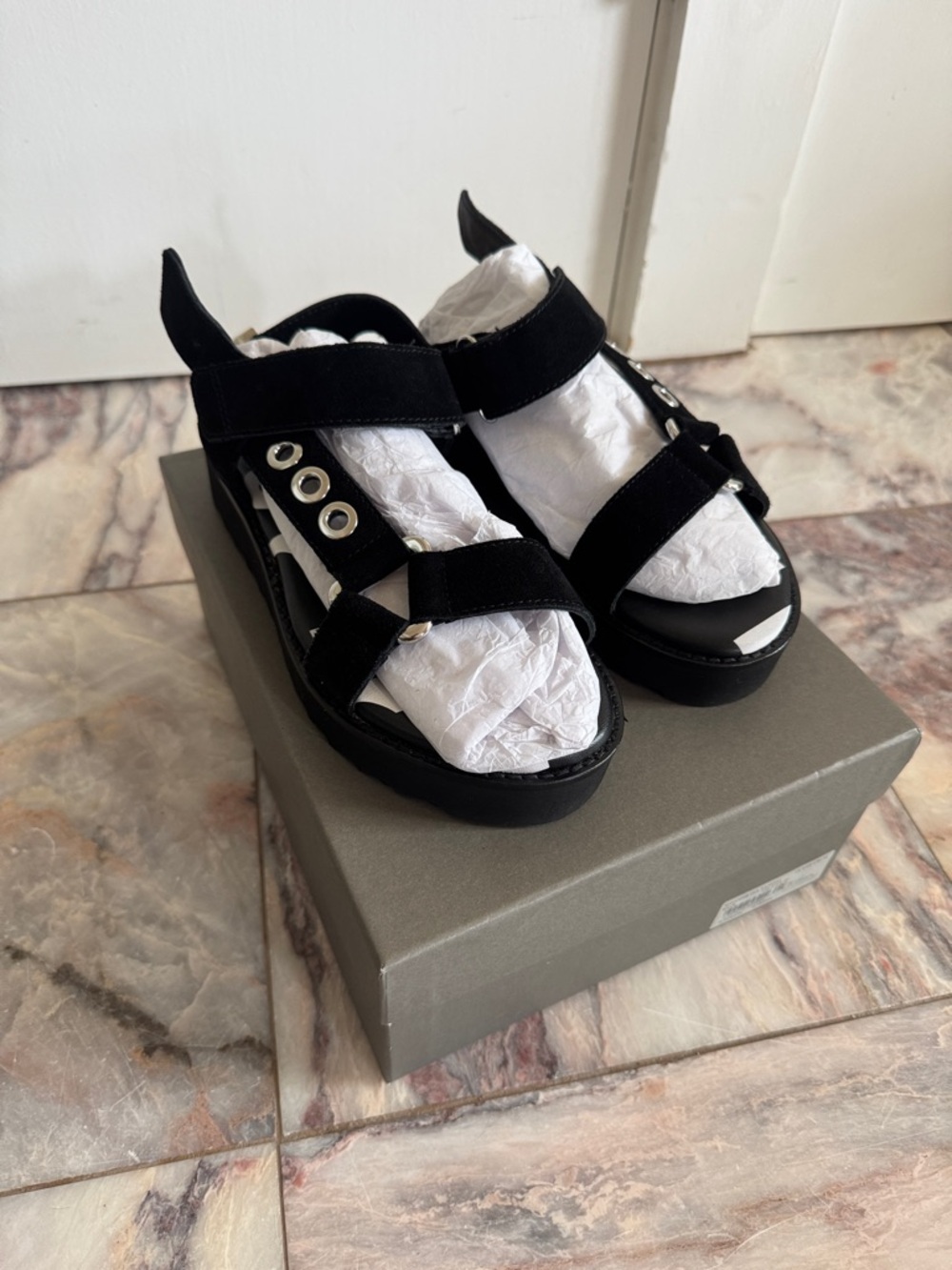 All Saints Black Suede Platform Sandals with Silver Eyelets
